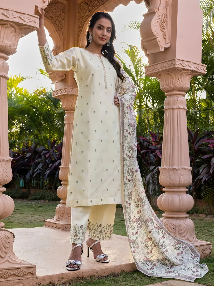 Silk cream salwar suit with printed dupatta