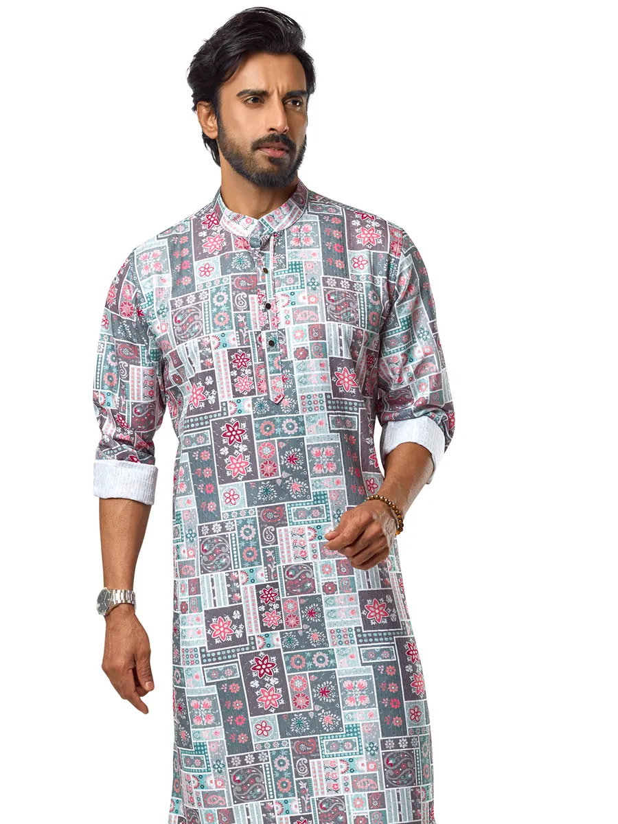 Stylish grey printed cotton kurta