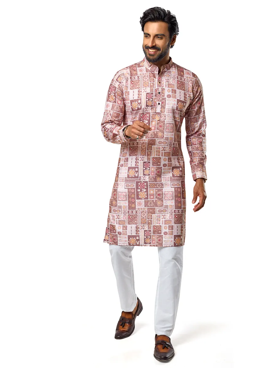 Stylish pink printed cotton  Men Kurta pajama