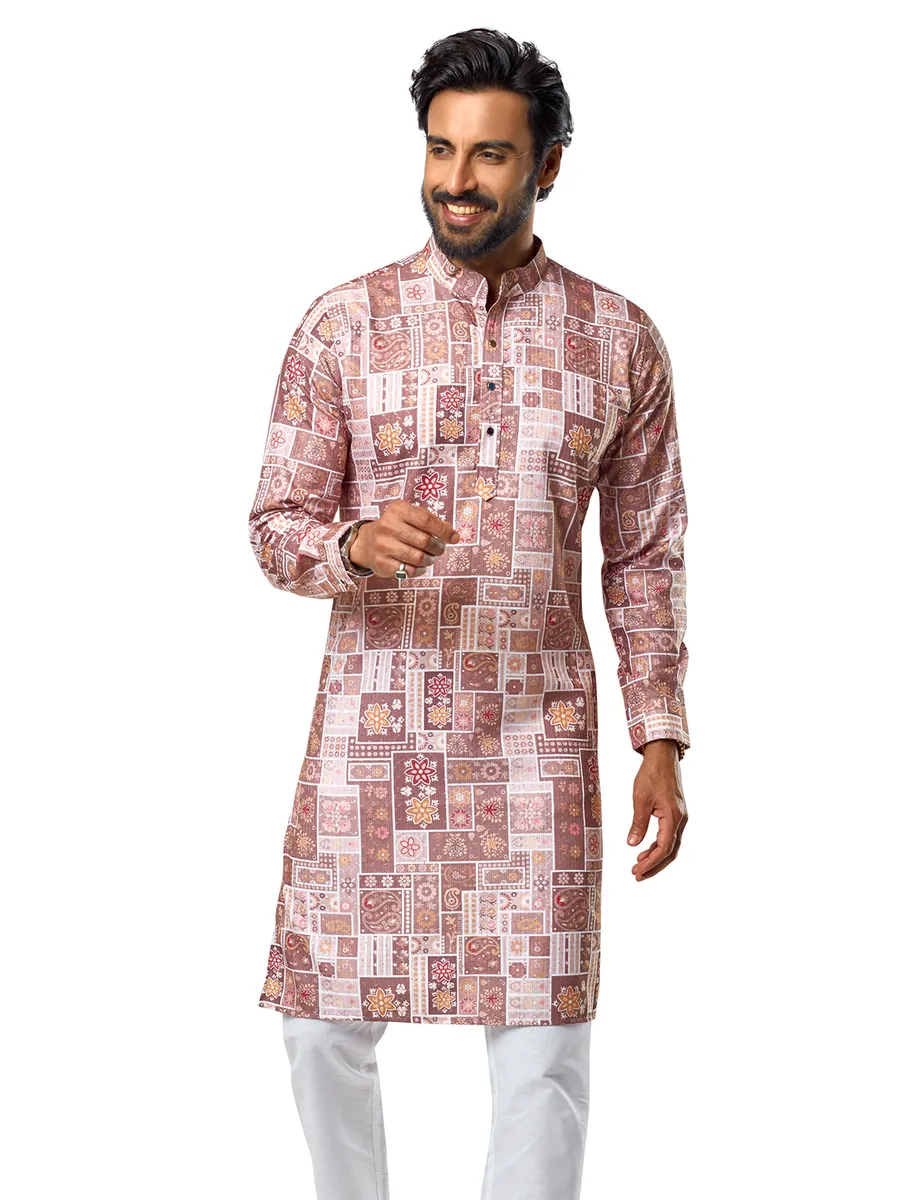 Stylish pink printed cotton  Men Kurta pajama