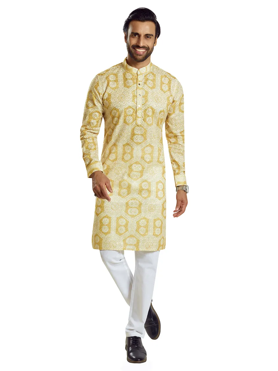 Yellow printed  Men Kurta pajama in georgette