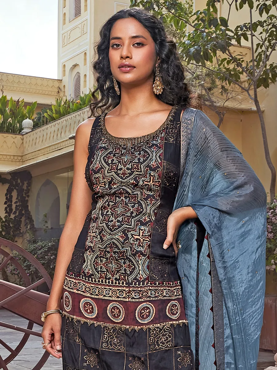 Navy and maroon printed salwar suit