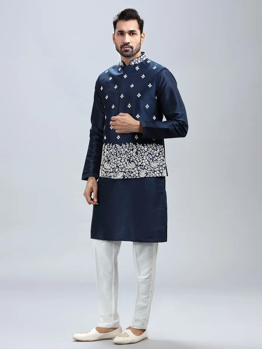 Navy blue silk waistcoat set for men