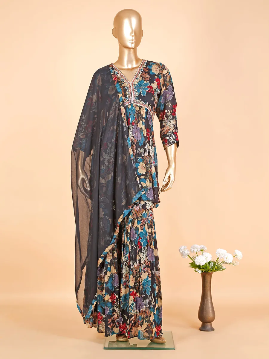 Navy chinon floral printed sharara suit