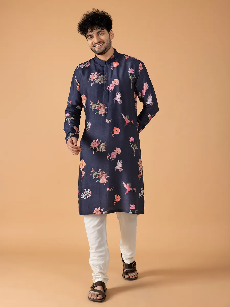 Navy floral printed  Men Kurta pajama in silk