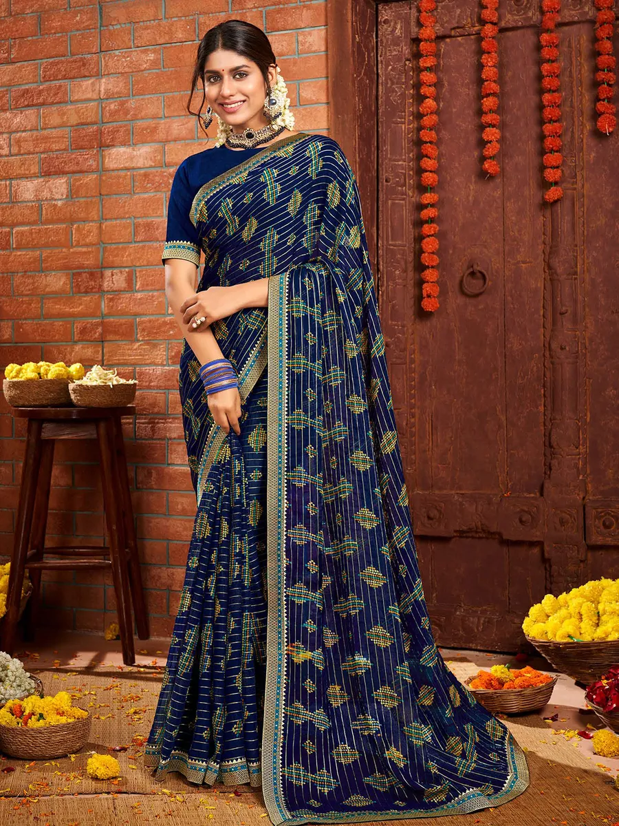 Navy georgette saree with bandhej print