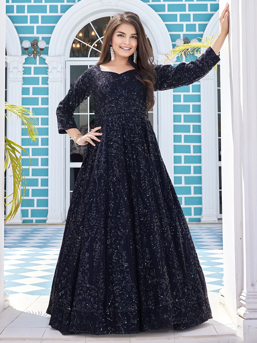 Navy georgette sequins gown