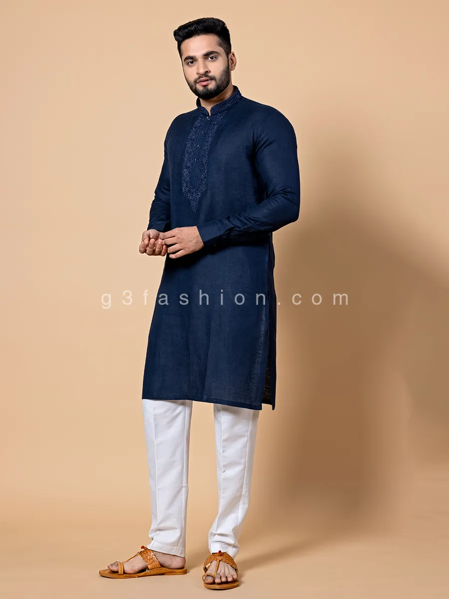 Navy linen kurta suit for festive