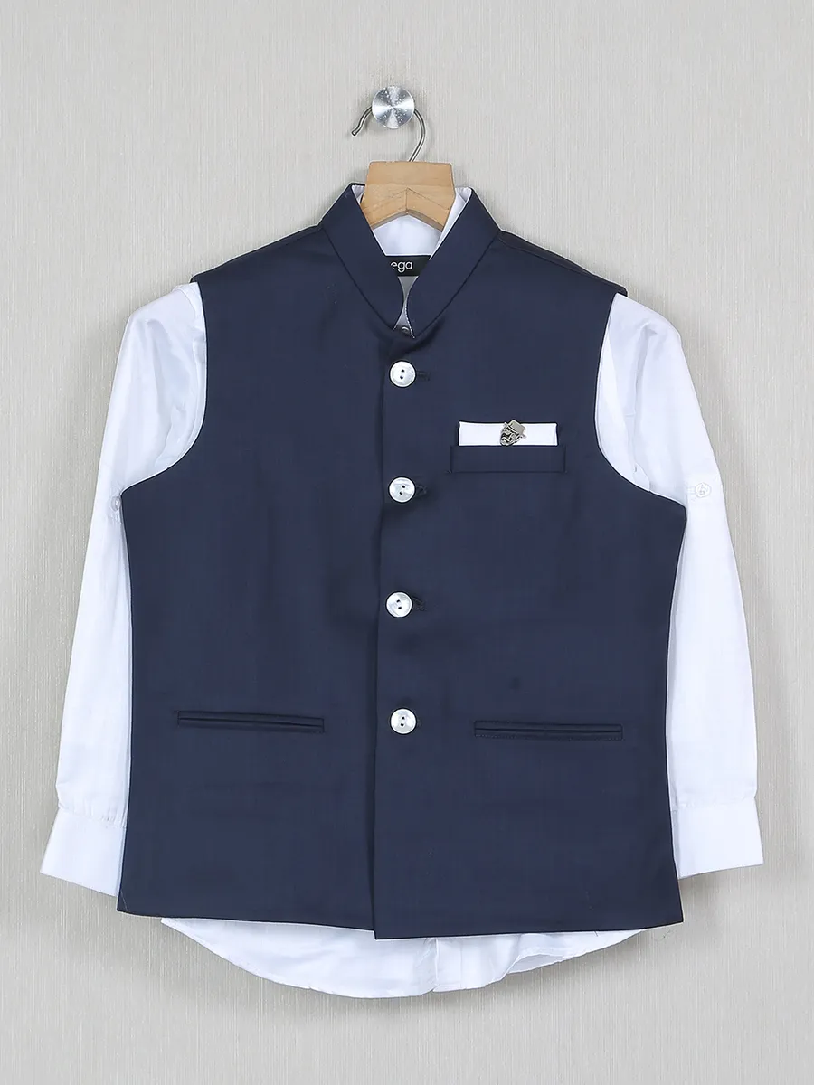 Navy plain boys waistcoat with shirt in terry rayon