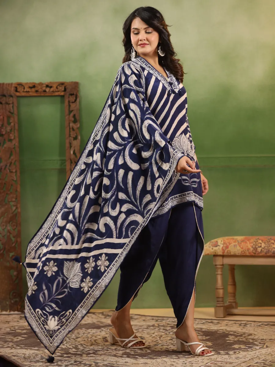 Navy printed kurti set in cotton silk