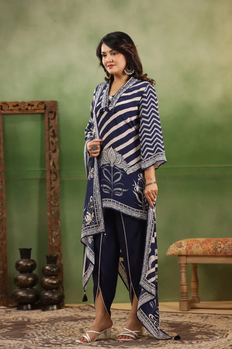 Navy printed kurti set in cotton silk