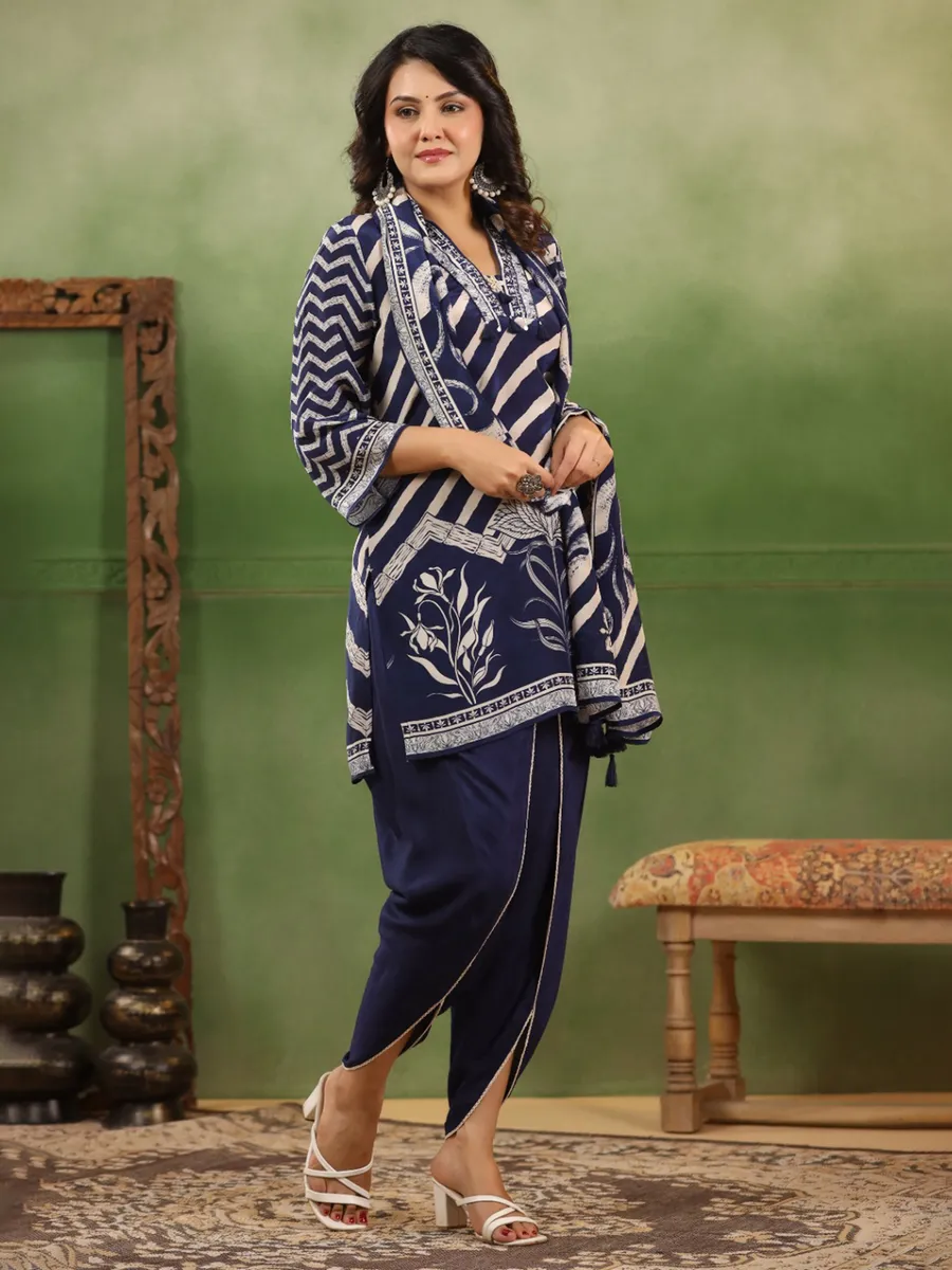 Navy printed kurti set in cotton silk