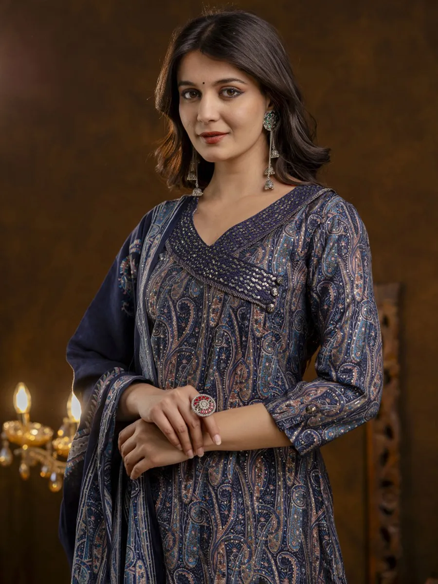 Navy printed silk kurti set for festive