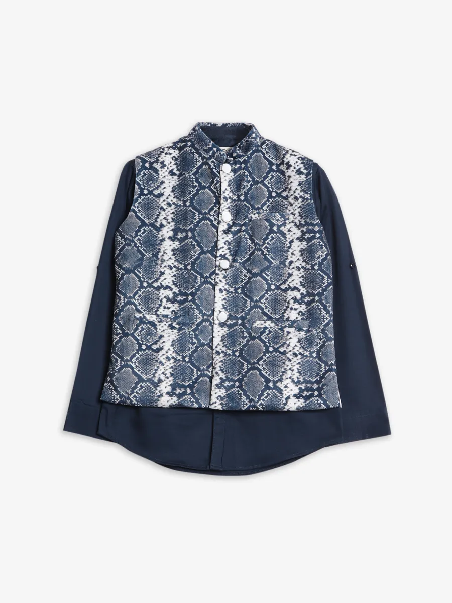 Navy printed velvet waistcoat with shirt