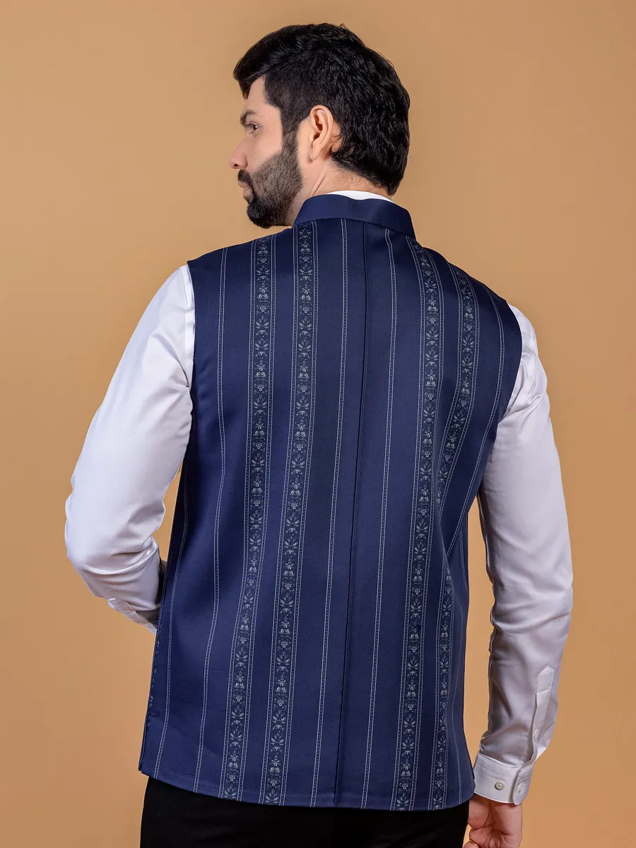 Navy printed waistcoat in silk
