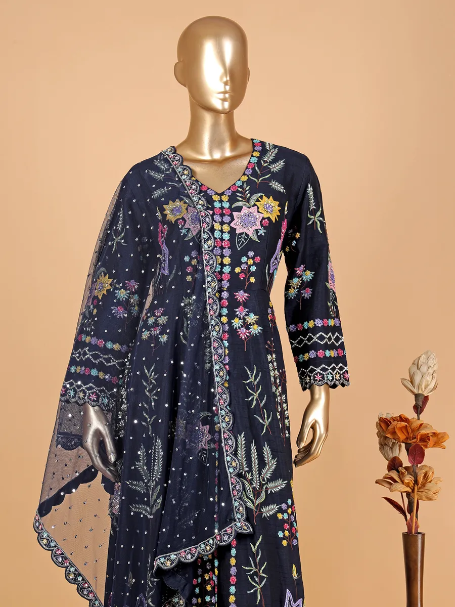 Navy raw silk embroidery salwar suit