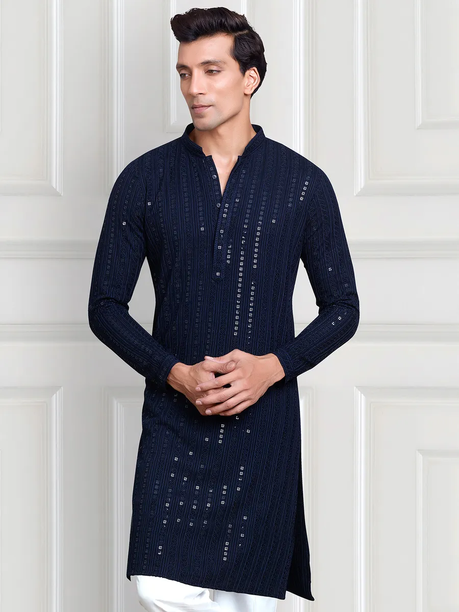 Navy rayon cotton kurta with peshawari dhoti