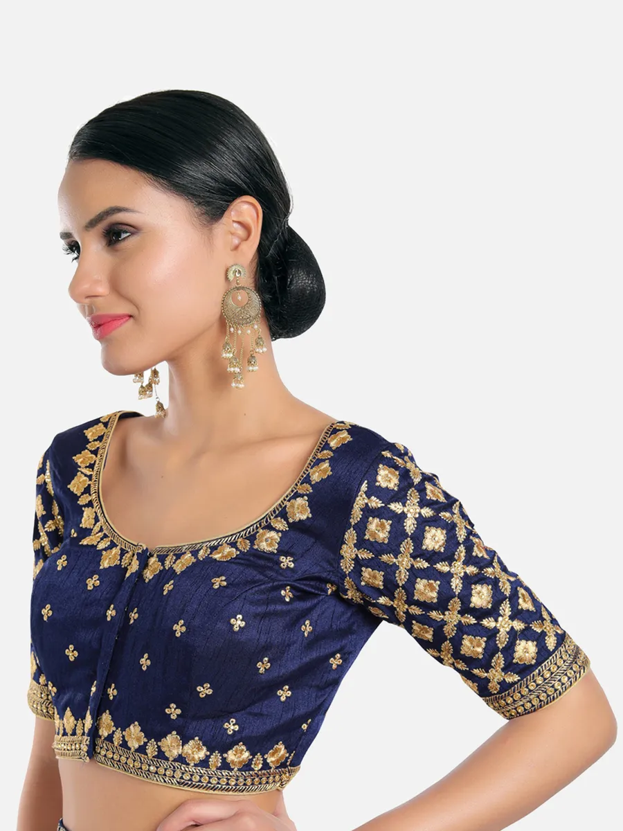 Navy silk embroidery blouse