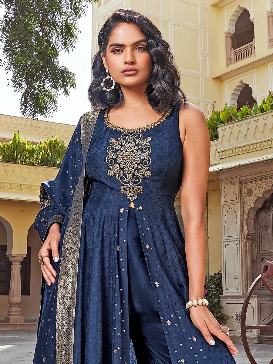 Navy silk front slit palazzo suit