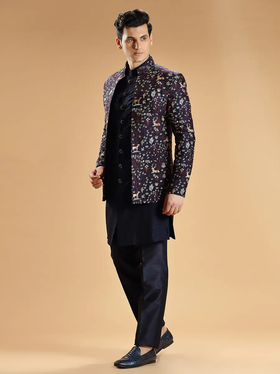 Navy silk indowestern with embroidery