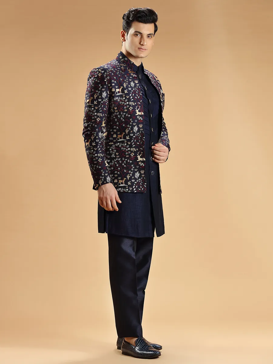 Navy silk indowestern with embroidery