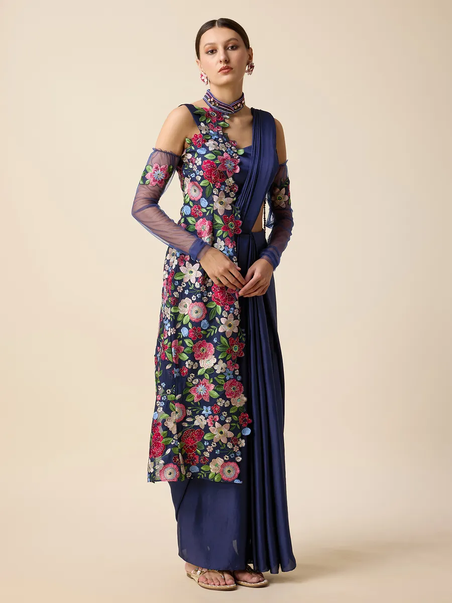 Navy silk ready pleated saree