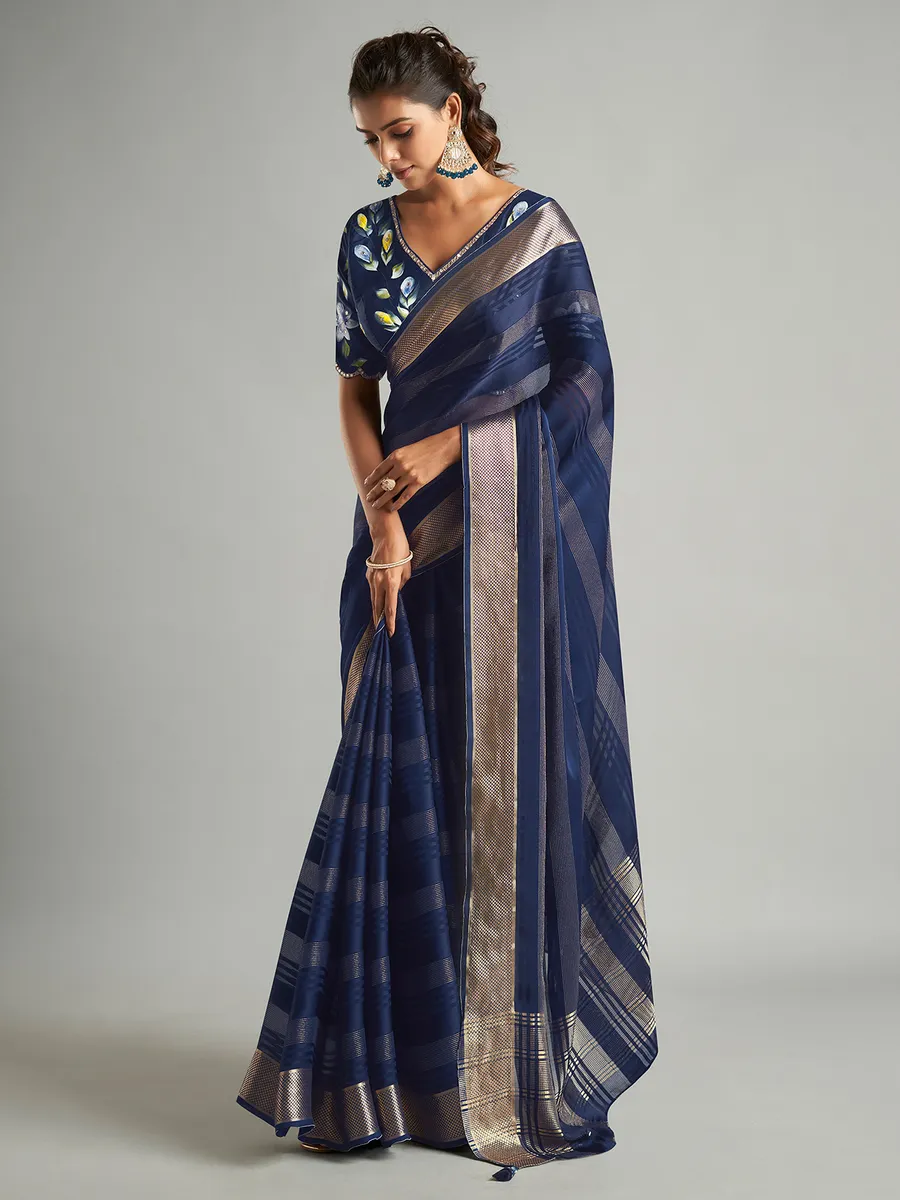 Navy stripe tissue silk saree