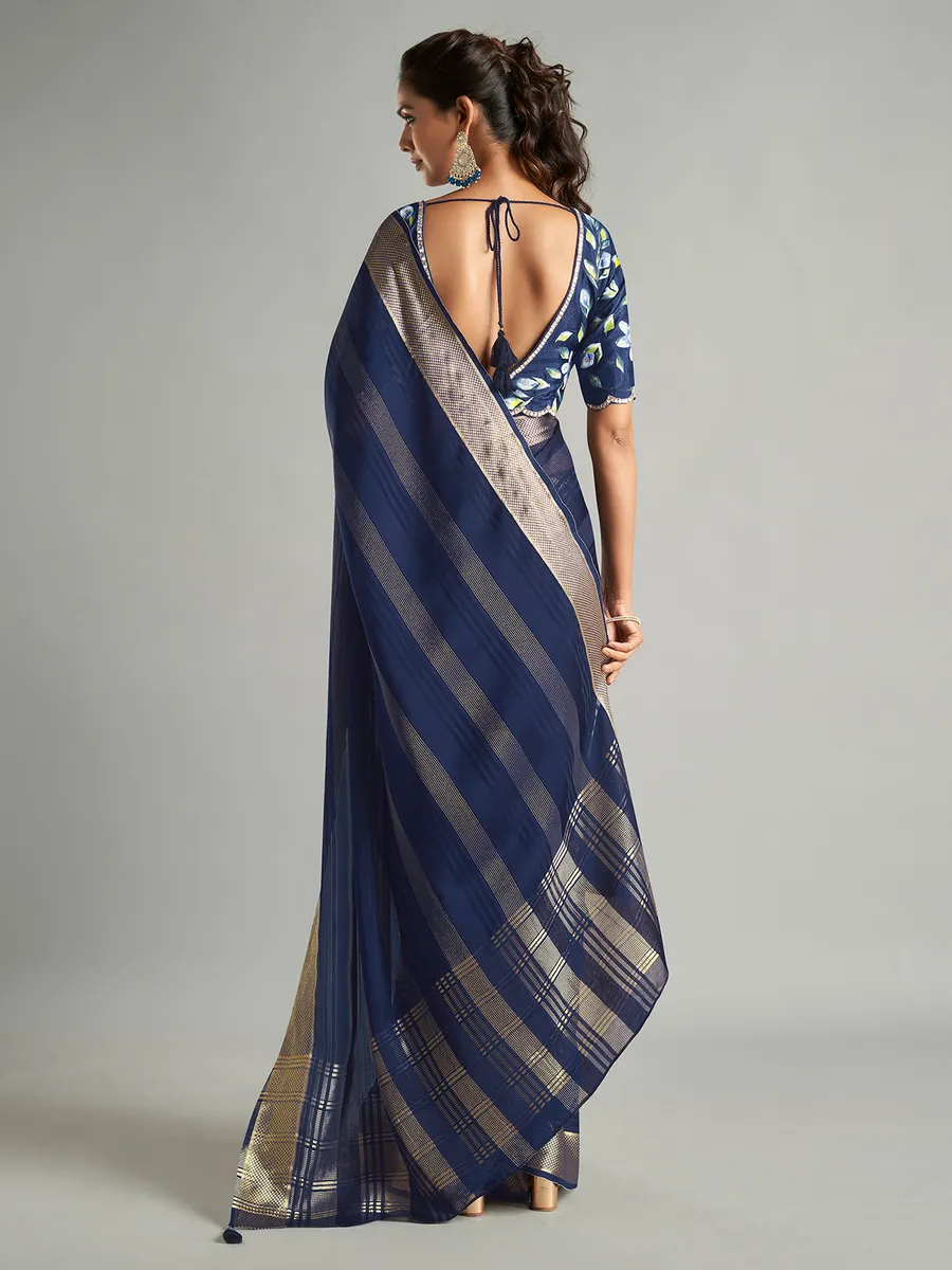 Navy stripe tissue silk saree