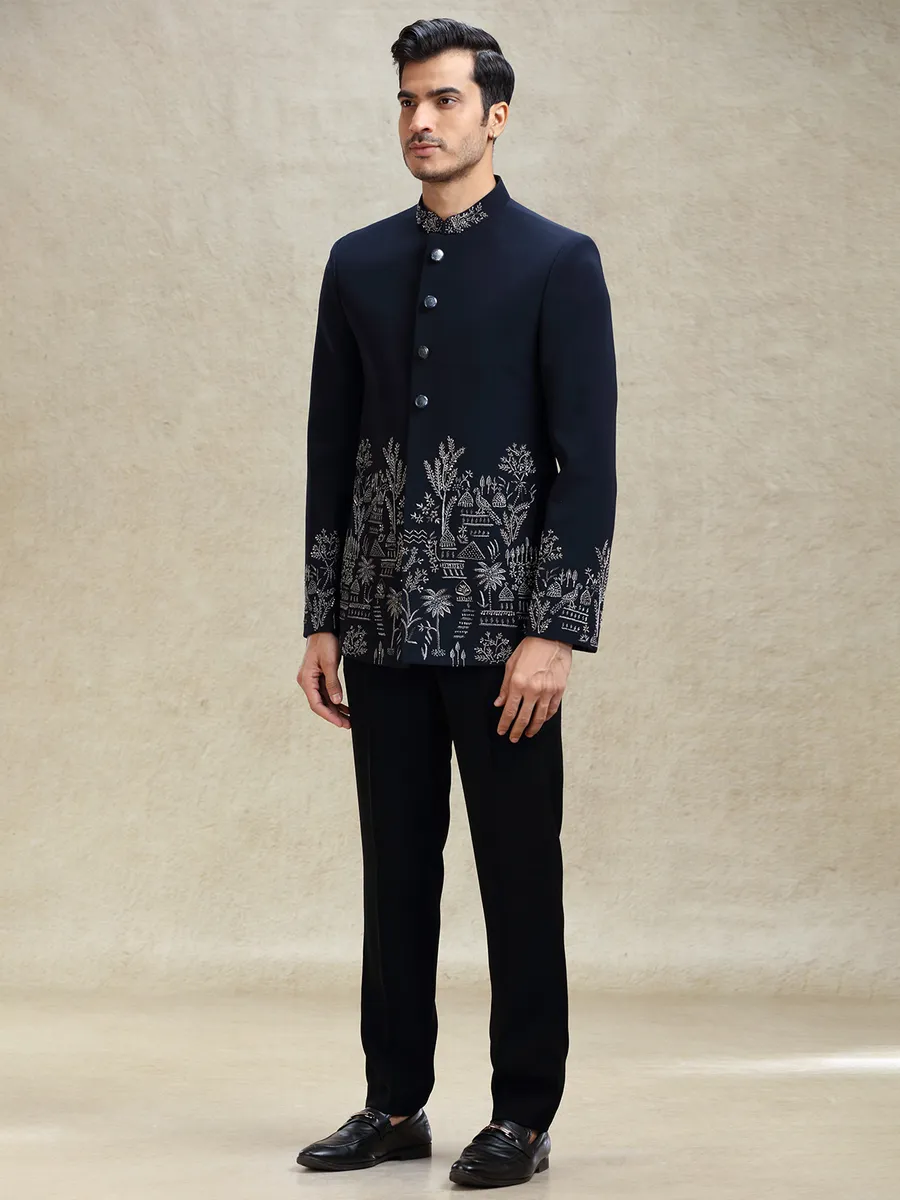 Navy terry rayon jodhpuri suit in crystal work-G3-MJS20 | United...