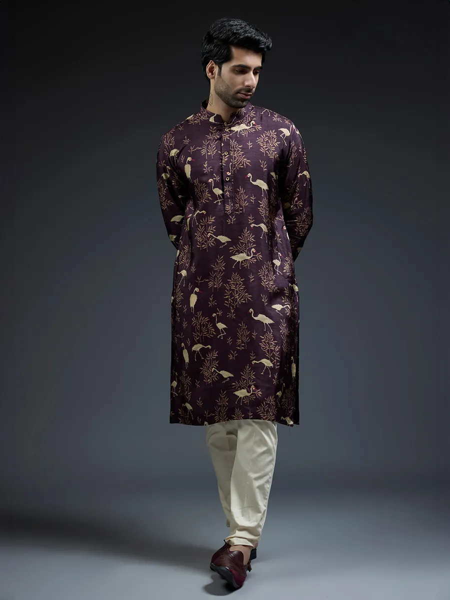 New wine silk kurta suit in floral bird print