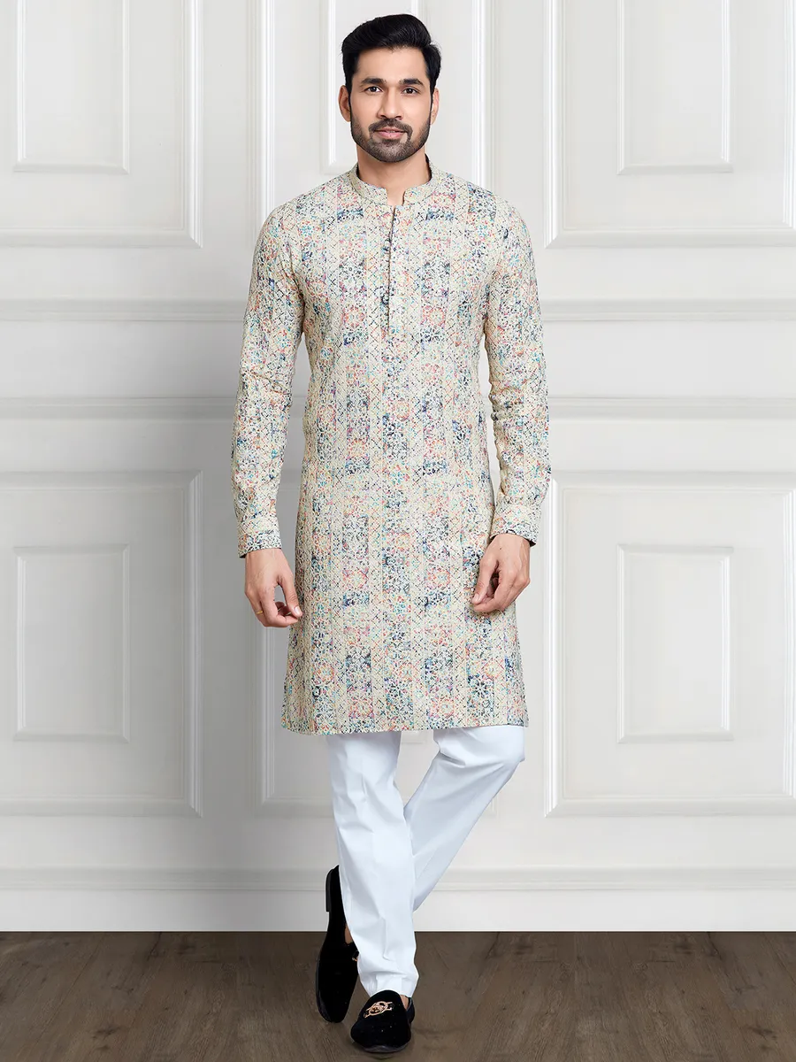 Newest beige printed cotton kurta suit