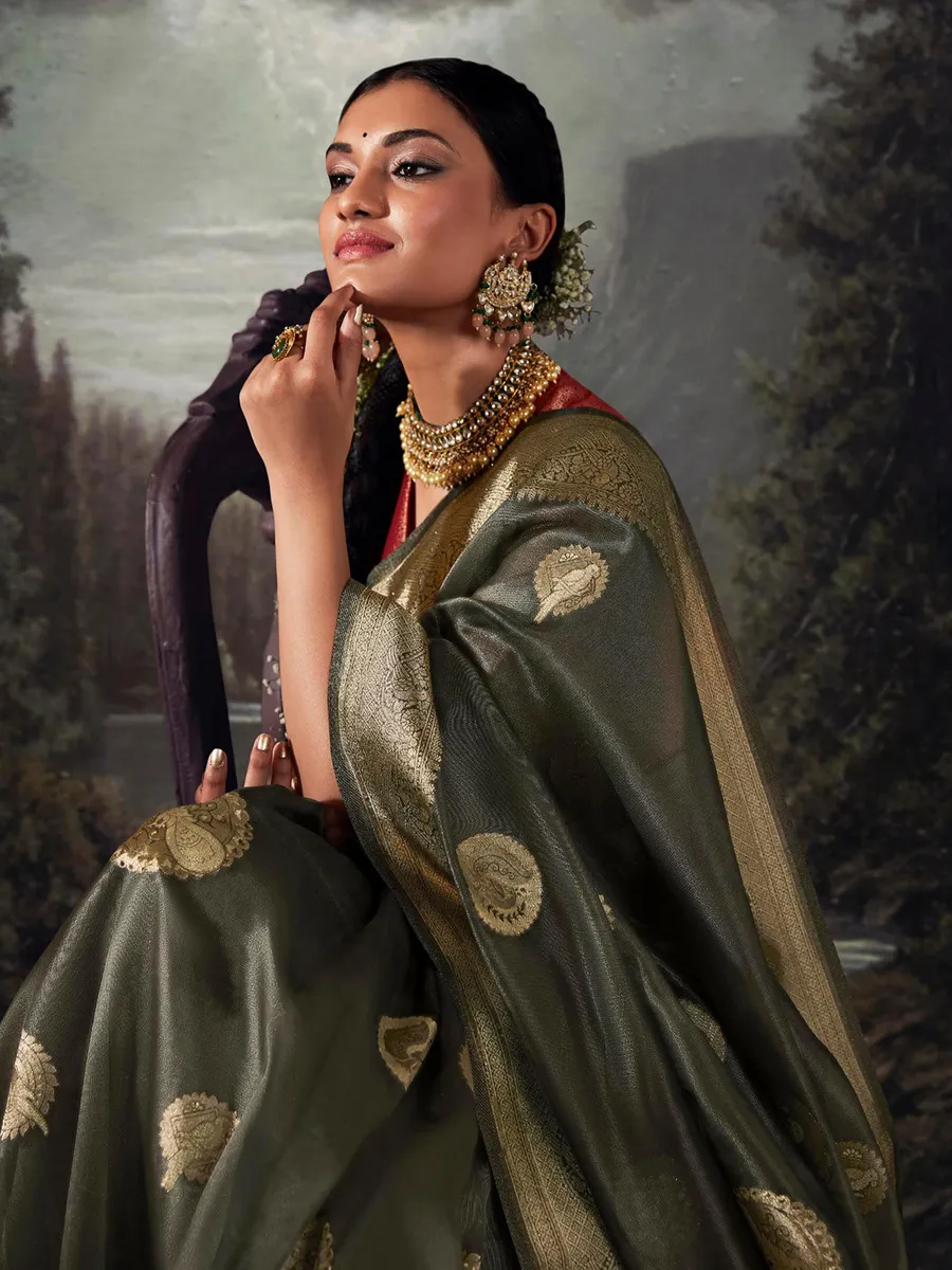 Newest dark green organza saree