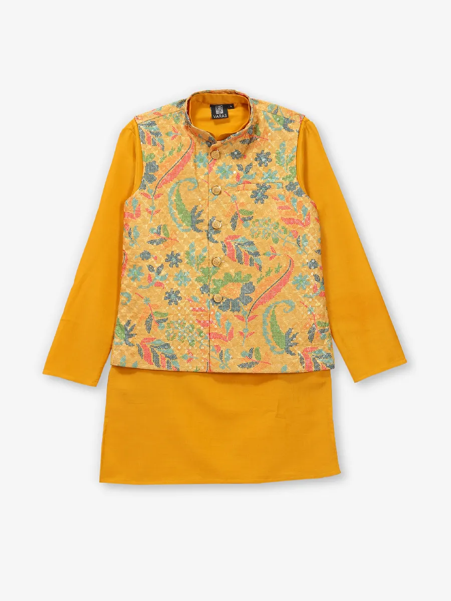 Newest mustard yellow cotton silk waistcoat set