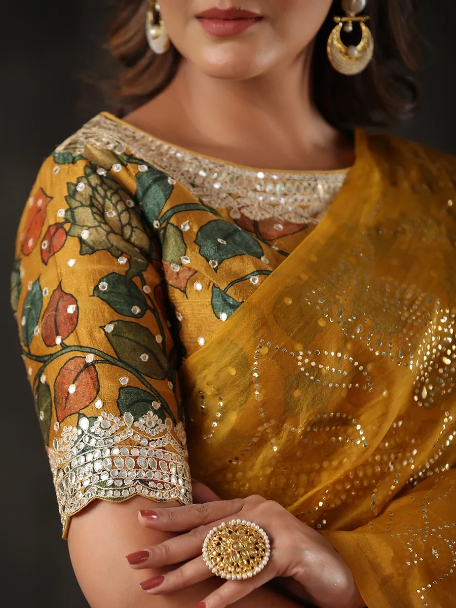 Newest mustard yellow organza saree