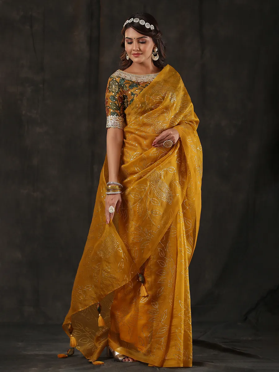 Newest mustard yellow organza saree