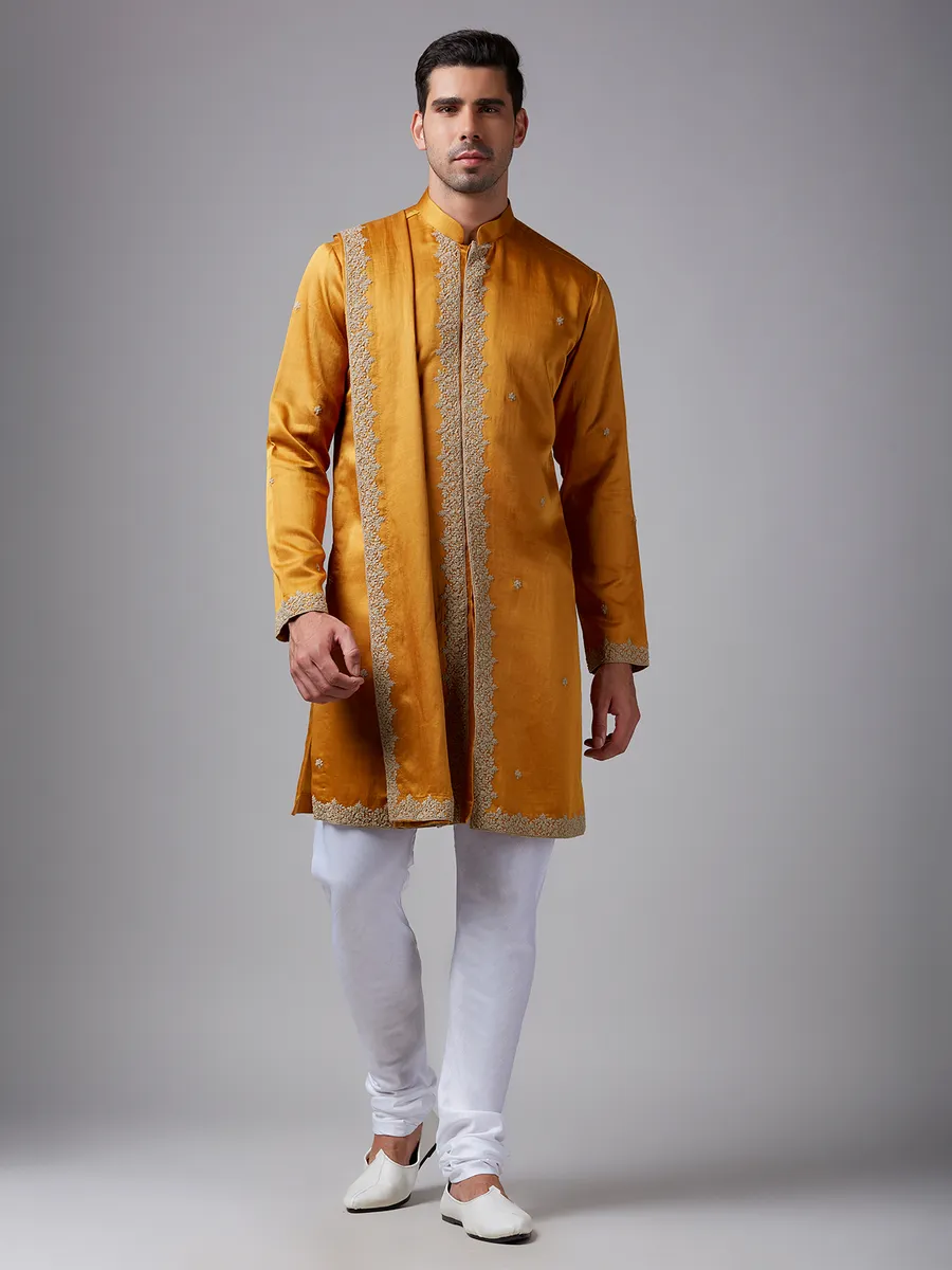 Newest mustard yellow silk  Men Kurta pajama