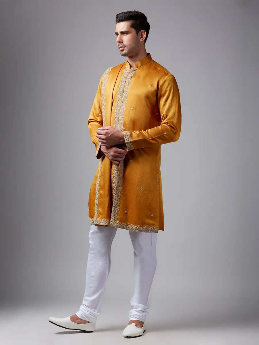 Newest mustard yellow silk  Men Kurta pajama