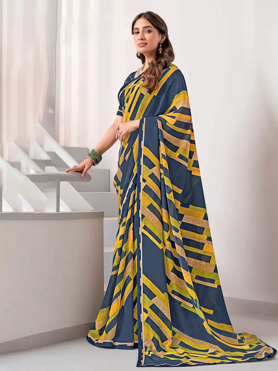 Newest navy printed georgette saree