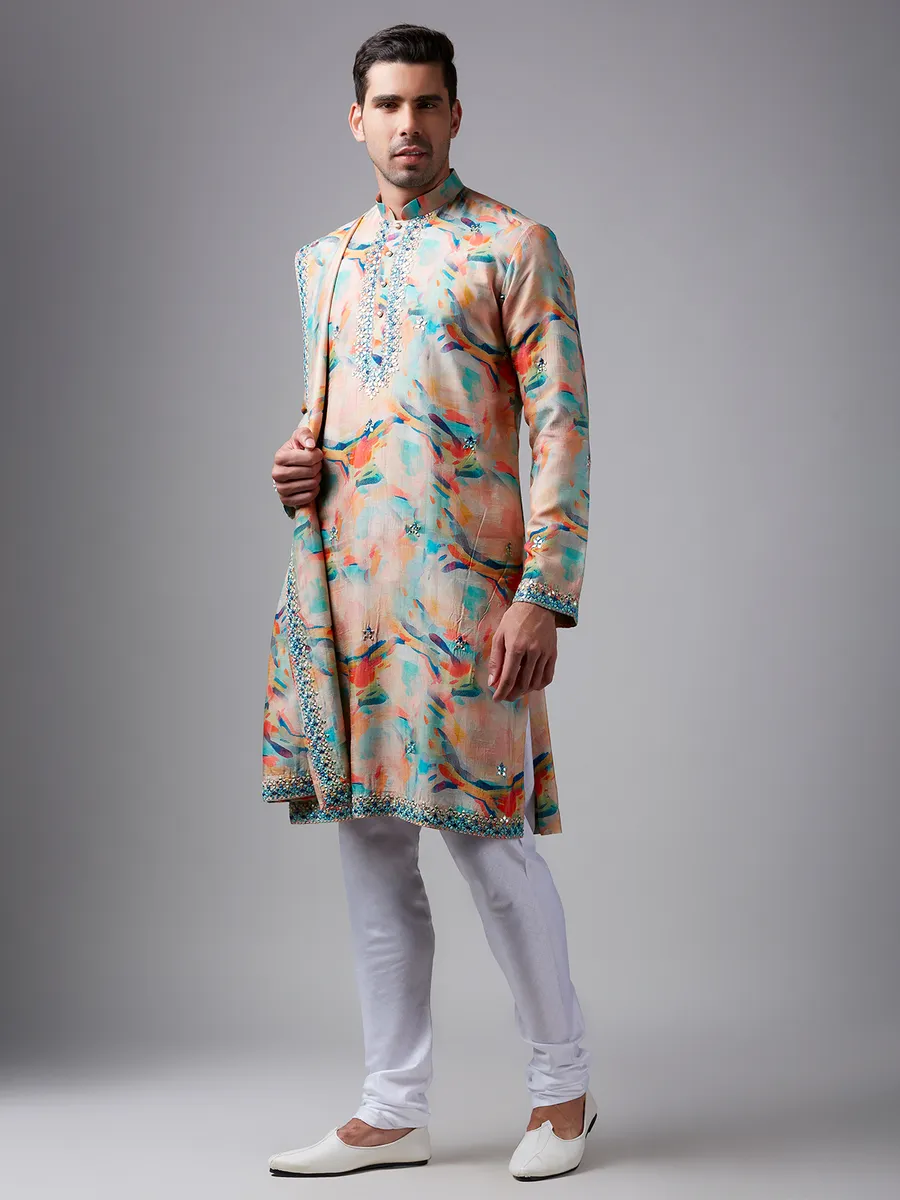 Newest peach silk printed  Men Kurta pajama