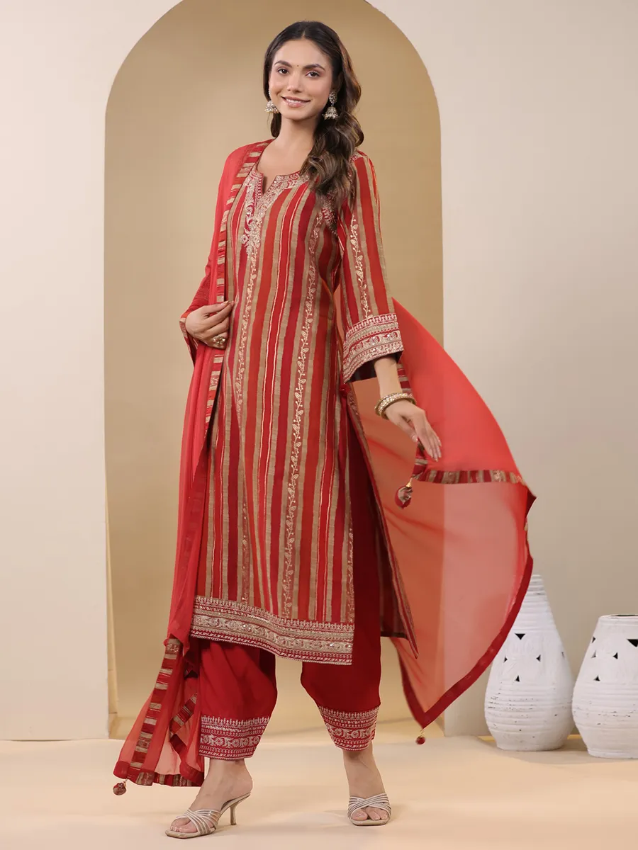 Newest red silk stripe kurti set