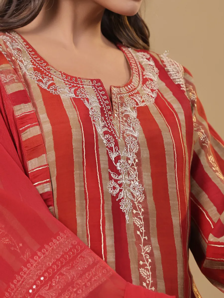 Newest red silk stripe kurti set