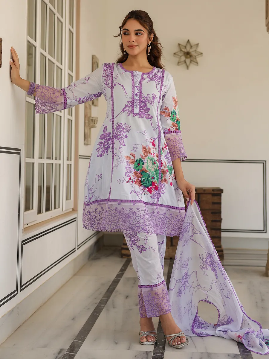 Newest white and purple silk kurti set