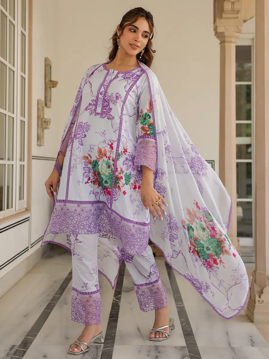 Newest white and purple silk kurti set