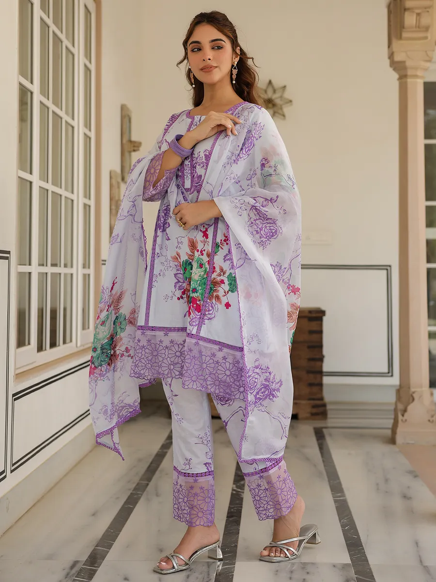 Newest white and purple silk kurti set