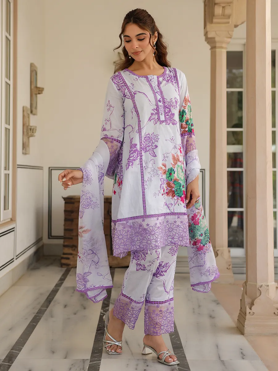 Newest white and purple silk kurti set