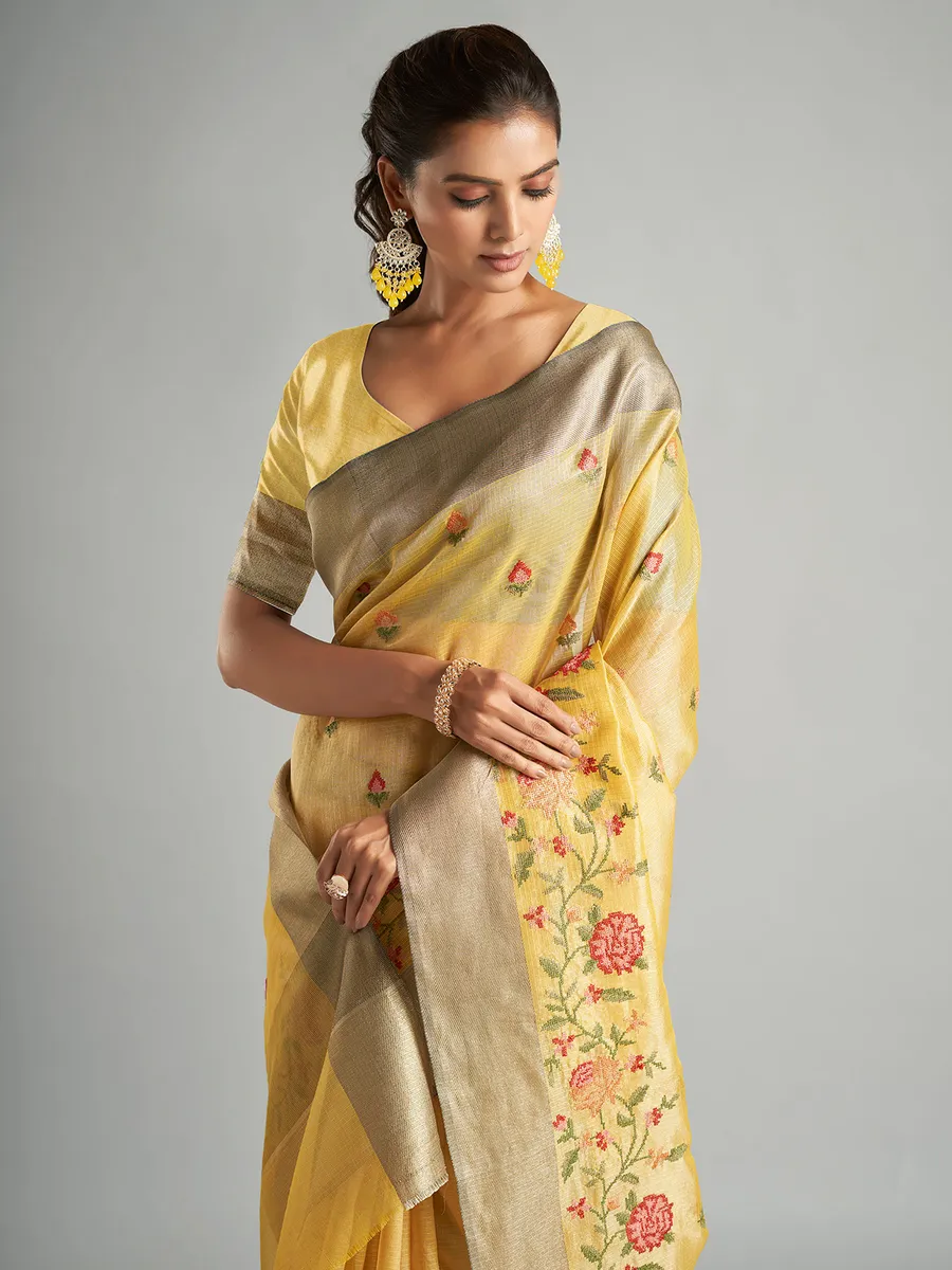 Newest yellow tissue silk saree