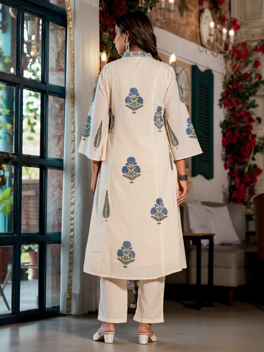 Off-white and blue printed cotton kurti set