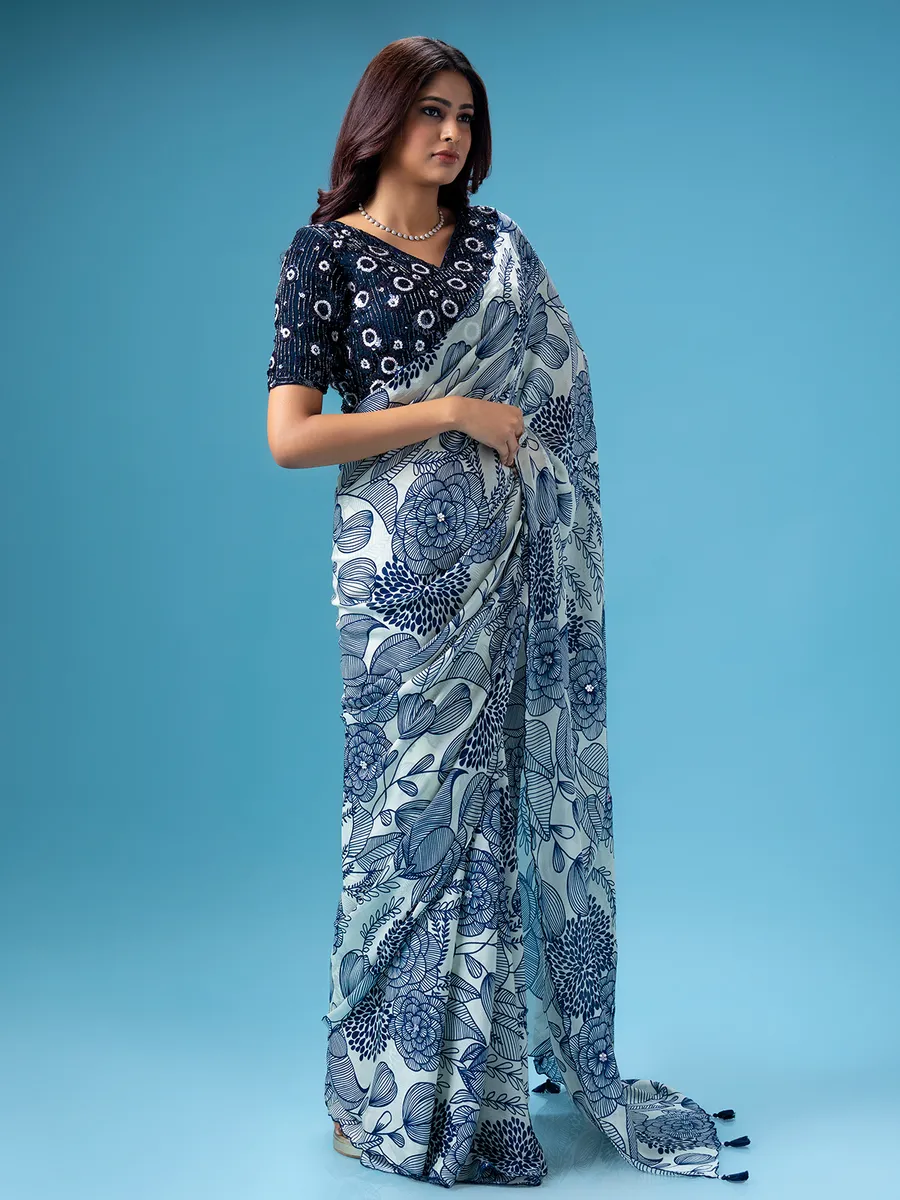Off white and blue printed saree