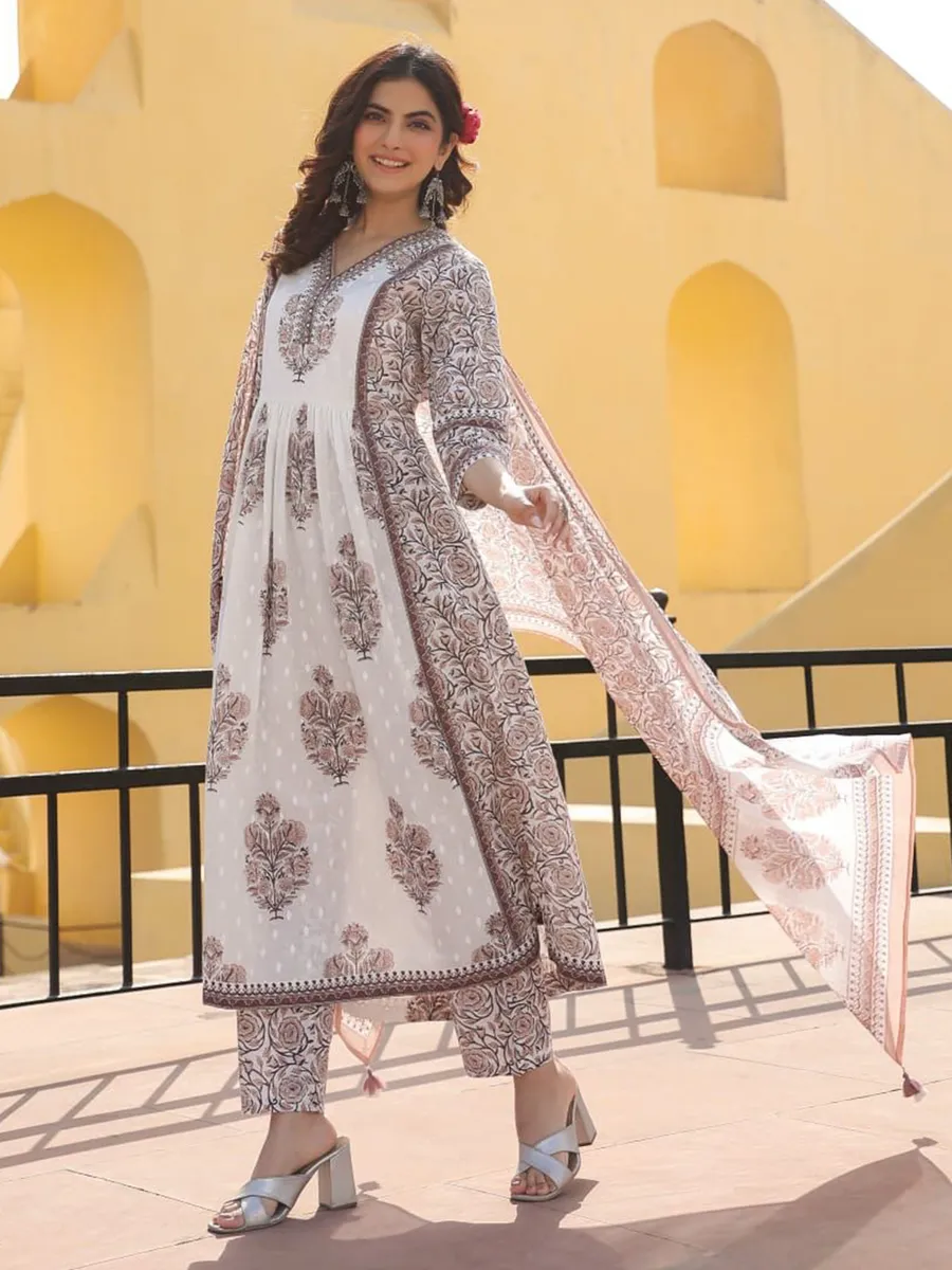 Off white and Brown printed cotton kurti set