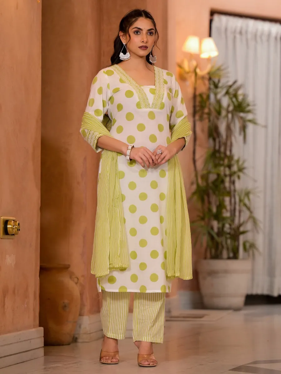 Off white and light green cotton kurti set with dupatta